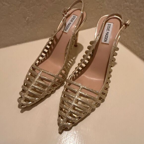 Steve Madden Size 10 Carleigh Strappy Rhinestone Embellished Pump Heel Gold - Picture 2 of 8